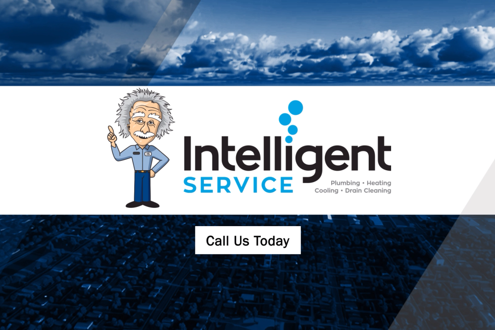 Cartoon character with Intelligent Service logo offering plumbing, heating, cooling, and drain cleaning services.