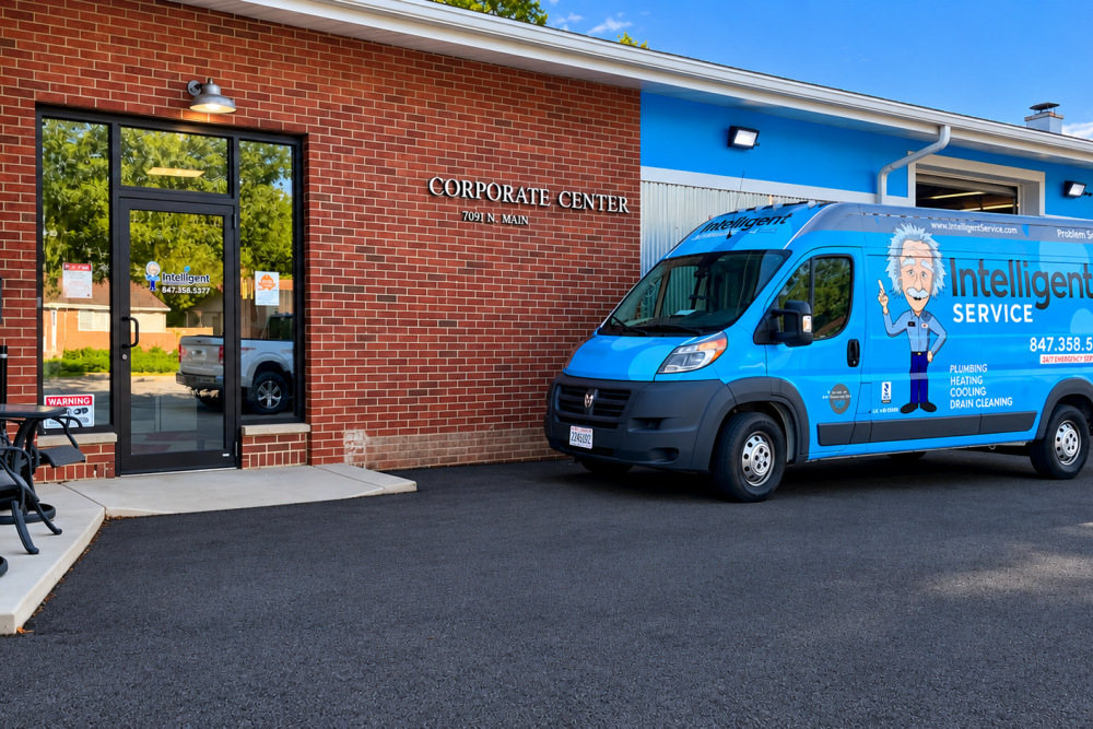 Blue Intelligent Service van parked outside a brick office building, offering plumbing and HVAC services.
