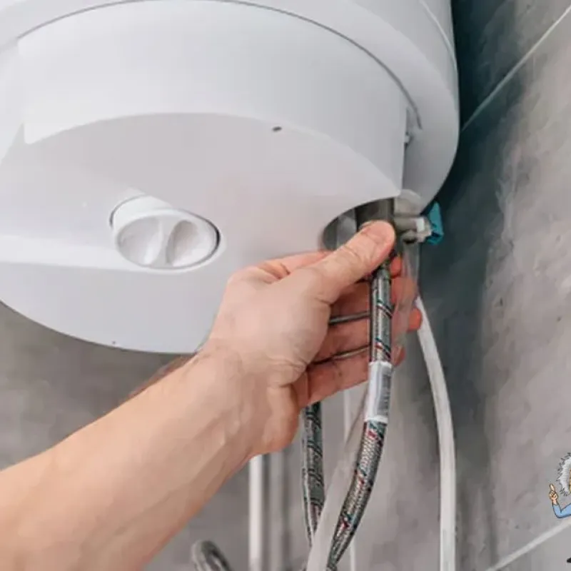 Hand checks pipes of a boiler in a bathroom, with Intelligent Service logo visible.