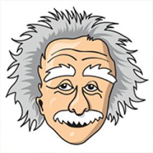 Cartoon illustration of a man with wild grey hair and mustache, smiling.