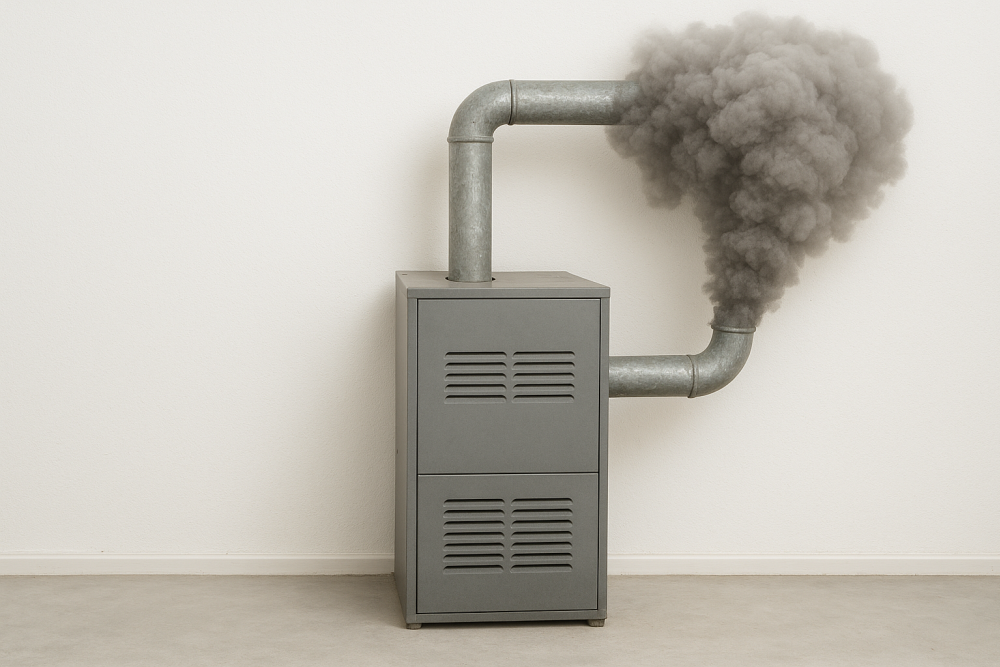 Gray furnace pipe emits dark smoke in a minimal room, highlighting potential ventilation issues.