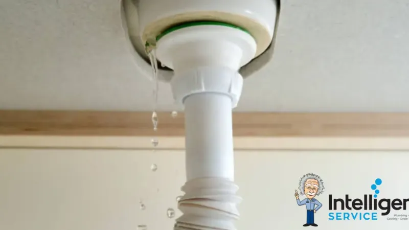 Leaking drain pipe under sink, highlighting plumbing issue with Intelligent Service logo.