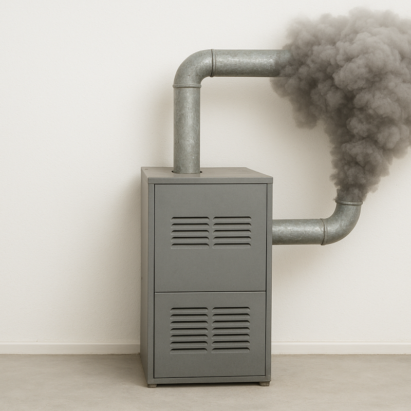 Gray furnace pipe emits dark smoke in a minimal room, highlighting potential ventilation issues.