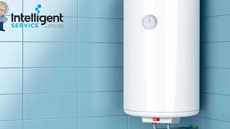 White water heater on blue tiled wall with Intelligent Service logo, offering plumbing and HVAC solutions.