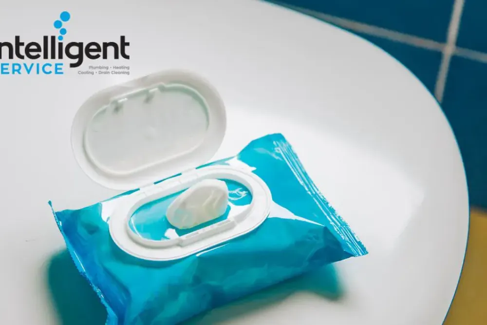 Open packet of disposable wipes on ceramic surface, Intelligent Service branding in background.
