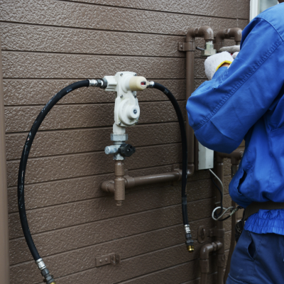 Technician inspecting gas meter on residential building exterior wall.
