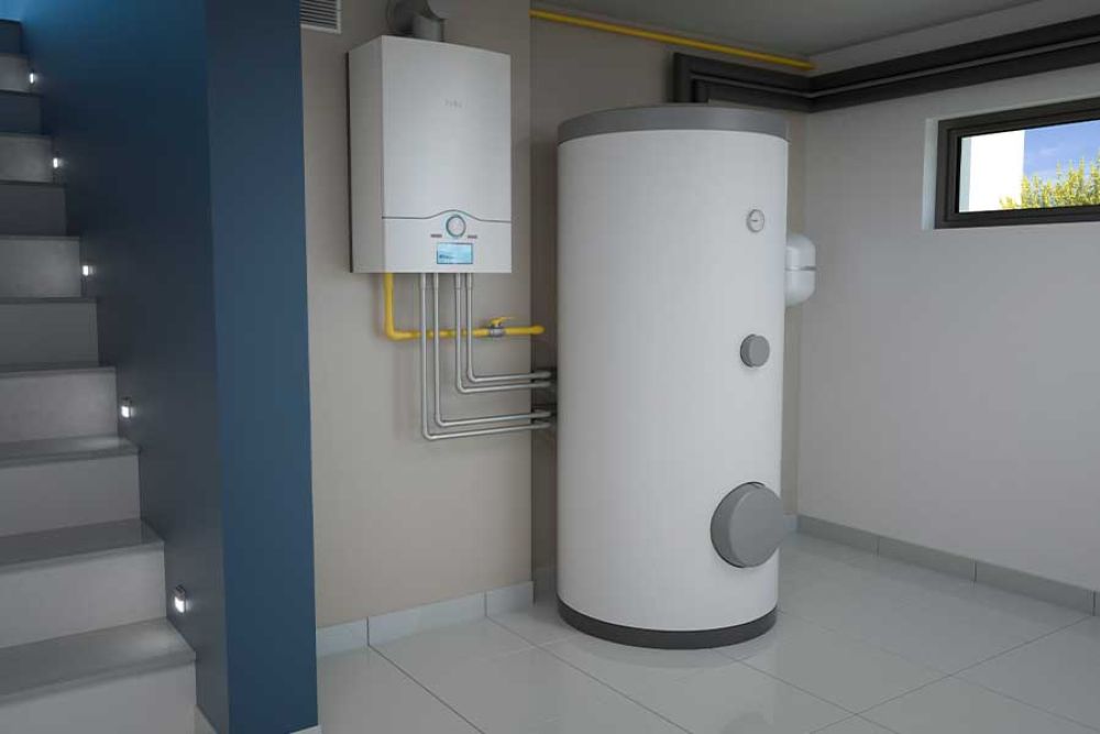 Modern basement with a water heater and boiler system installed, next to stairs for efficient home heating.
