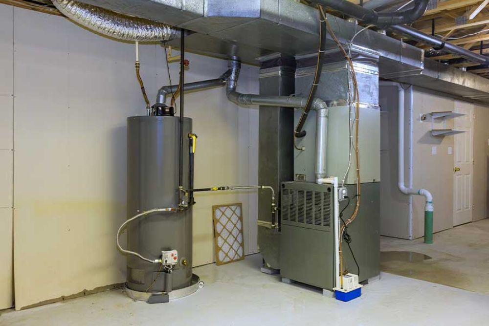 Basement HVAC system with a water heater and furnace, showcasing ductwork and ventilation pipes for home heating.