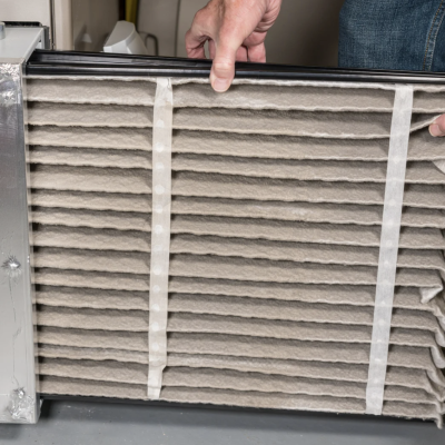 Person changing a dirty furnace air filter at home for improved air quality and HVAC efficiency.