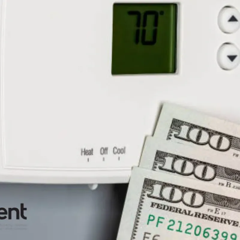 Thermostat set at 70 degrees with hundred-dollar bills, Intelligent Service logo visible.
